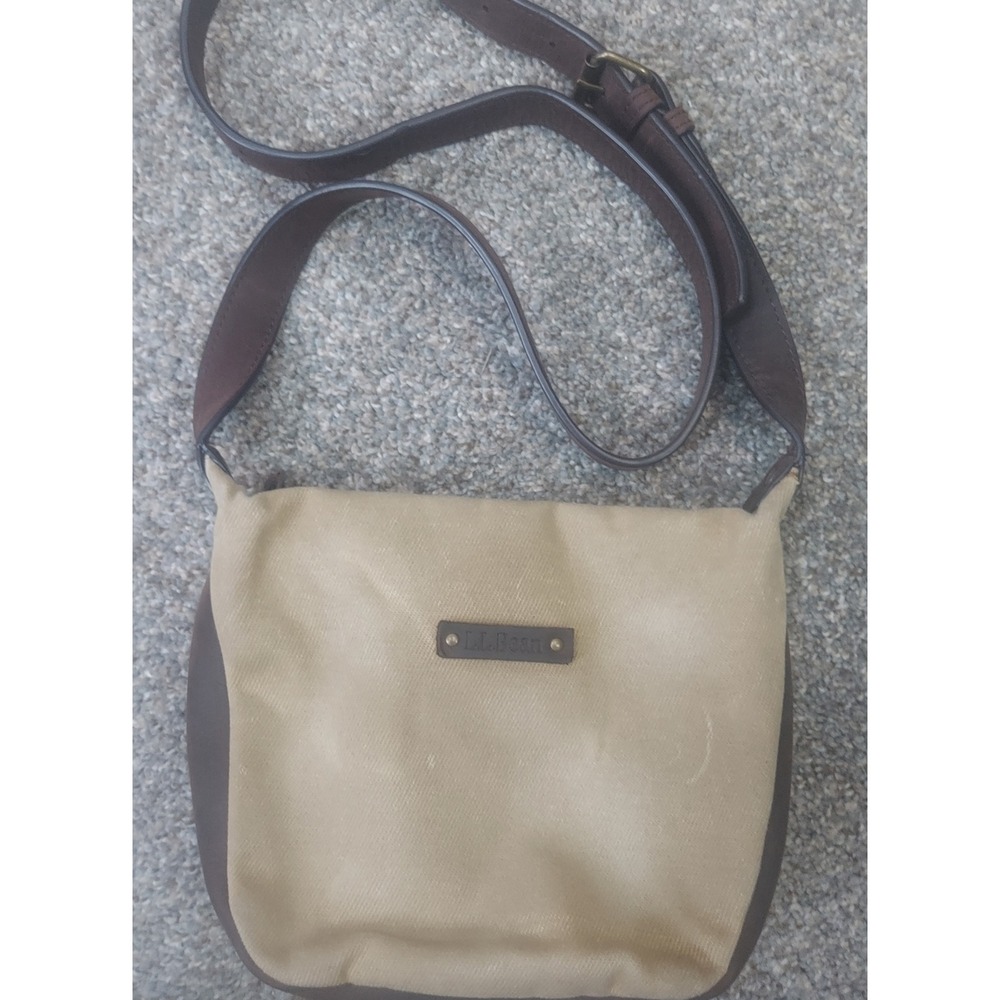LL Bean Canvas and Leather Crossbody‎ Bag Tan Brown Adjustable Strap Messenger